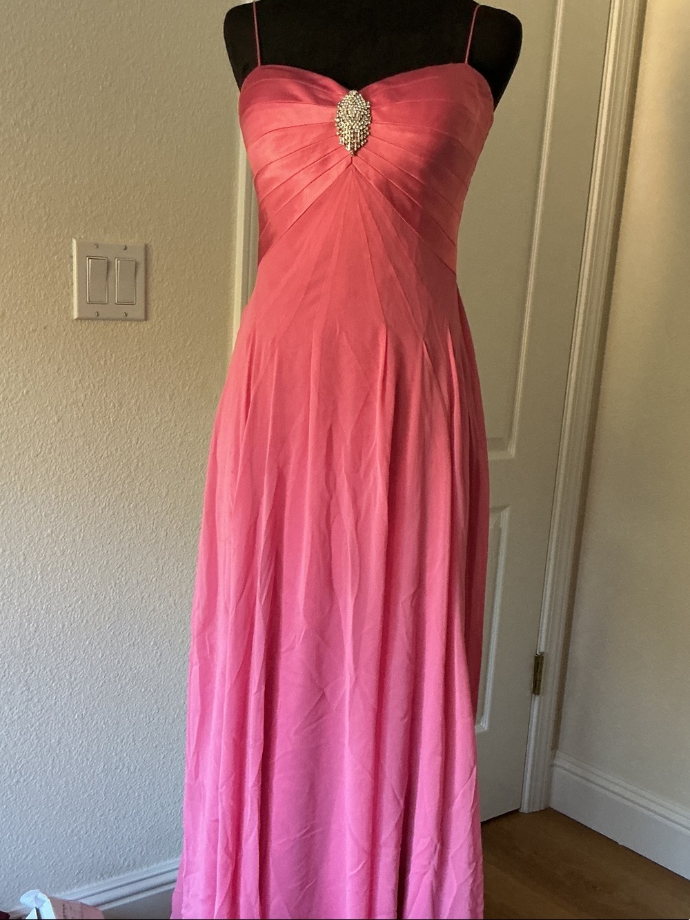 Niteline Pink Spaghetti-Strap Maxi Dress with Rhinestone Brooch